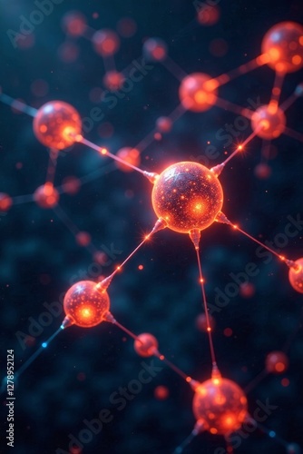 Hexagonal network of glowing nodes in shades of orange and blue, conveying data transfer , networking, blue