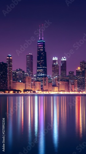 A panoramic view of the Chicago skyline at night
