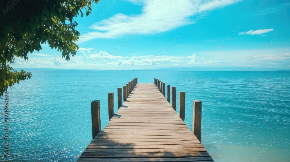 Fototapeta premium A beautiful wooden pier reaching toward a sparkling sea, surrounded by peaceful nature and a bright blue sky.