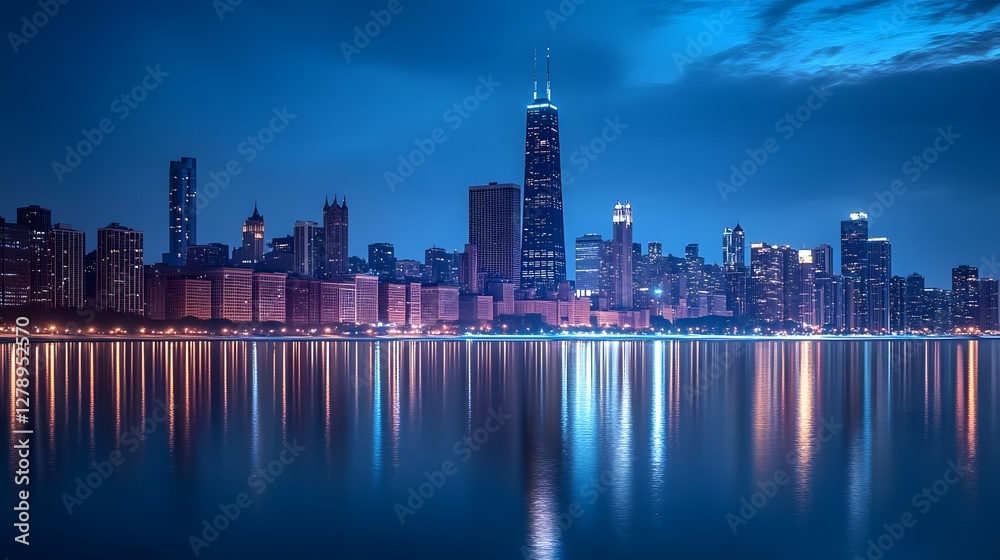 Fototapeta premium A panoramic view of the Chicago skyline at night 