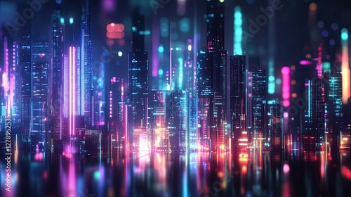 Wallpaper Mural A city skyline with neon lights and a reflection of the city in the water Torontodigital.ca