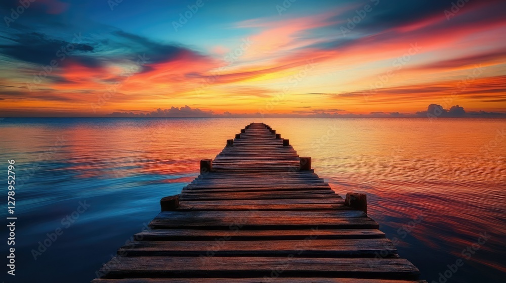 Obraz premium A beautiful wooden pier stretching out into the sea, with colorful sunset hues casting their glow over the water.