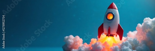 Isolated rocket toy on blue background with flames and smoke, innovation, dynamic energy