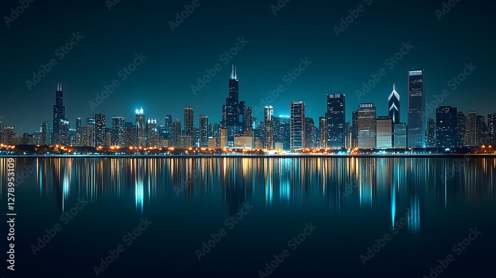 Fototapeta premium A panoramic view of the Chicago skyline at night 