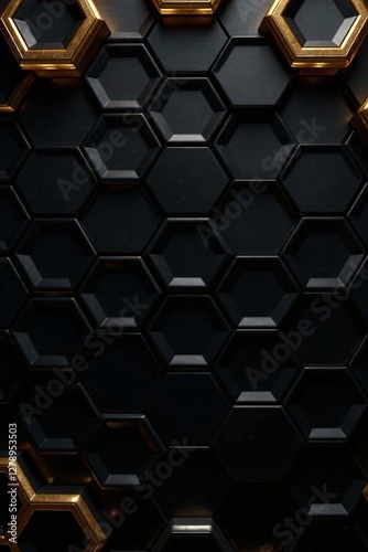 Luxurious hexagonal background with metallic gold accents and black glossy finish , abstract, hexagon