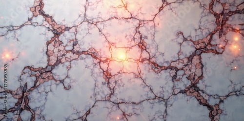 Marble textured table top with a subtle sheen in the center , minimalist style, kitchen background blur