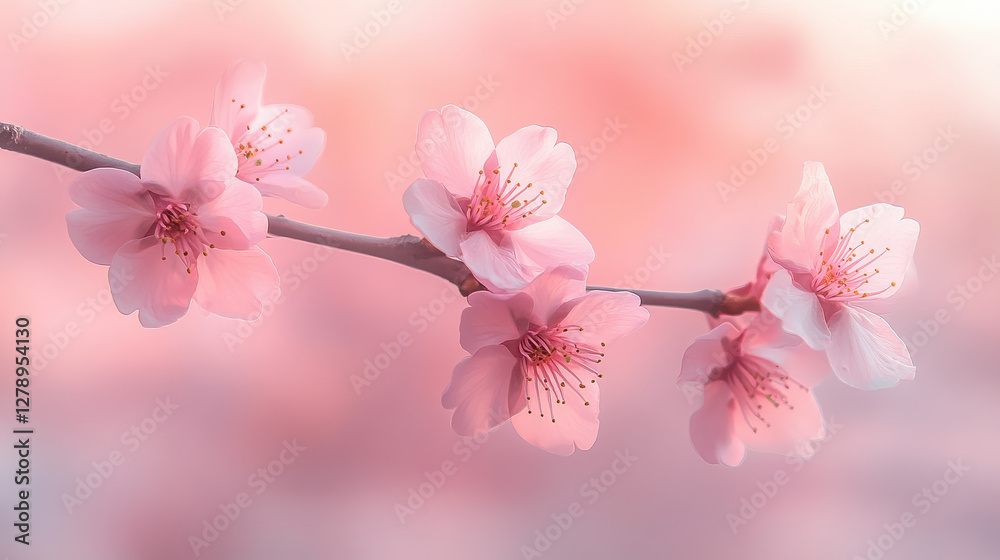 Naklejka premium A solitary cherry blossom branch in full bloom, captured in a stunning, high-resolution portrait