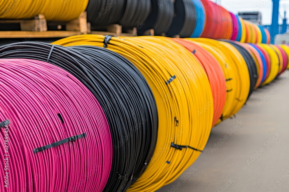 Aerial View of Neatly Arranged Cable Reels in an Industrial Yard Aerial View of Neatly Arranged Cable Reels in an Industrial Yard