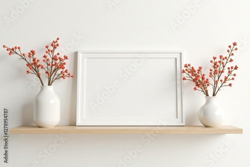 minimalist shelf arrangement on white wall with vases and flowers, decorative shelf, home decor