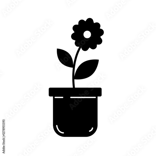 Blooming flower in pot icon. Floral vector illustration. Black and white drawing of potted plant. Silhouette of flower.