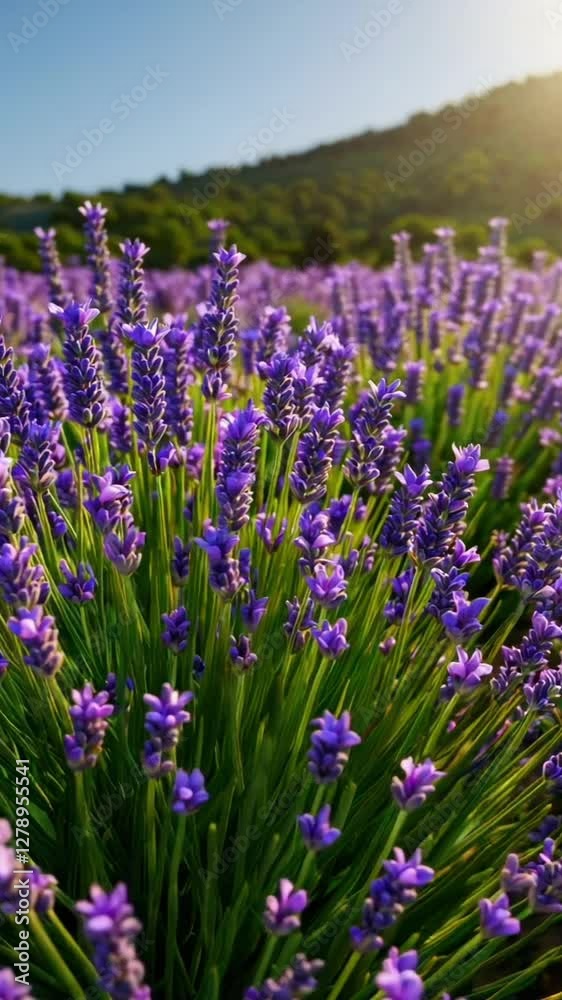 Vibrant lavender field glowing in warm sunset light amidst rolling hills Vibrant lavender field glowing in warm sunset light amidst rolling hills