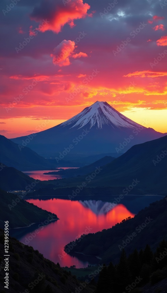 Sunset over Lanin Volcano and the Andes mountains with Lake Villarrica in foreground, Andes Mountains, Lanin Mountain, Volcano Sunset over Lanin Volcano and the Andes mountains with Lake Villarrica in foreground, Andes Mountains, Lanin Mountain, Volcano