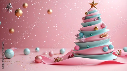 Pastel Christmas tree for festive greetings & designs. Pink & teal geometric shapes with ornaments. Cheerful holiday background with copy space for text.