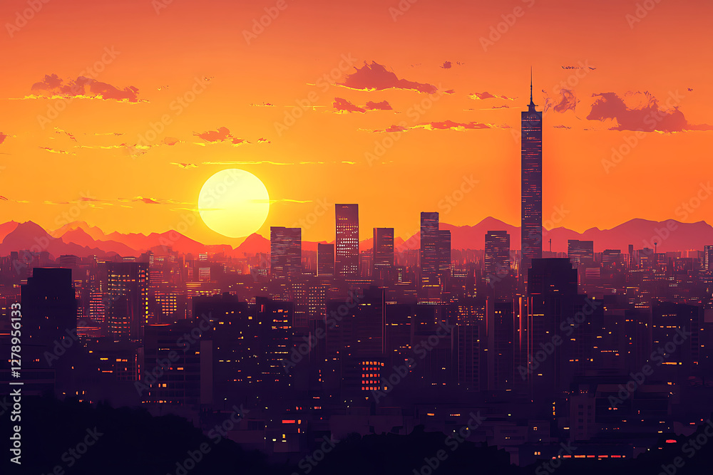 Fototapeta premium Vibrant Sunset Cityscape with Illuminated Skyscrapers