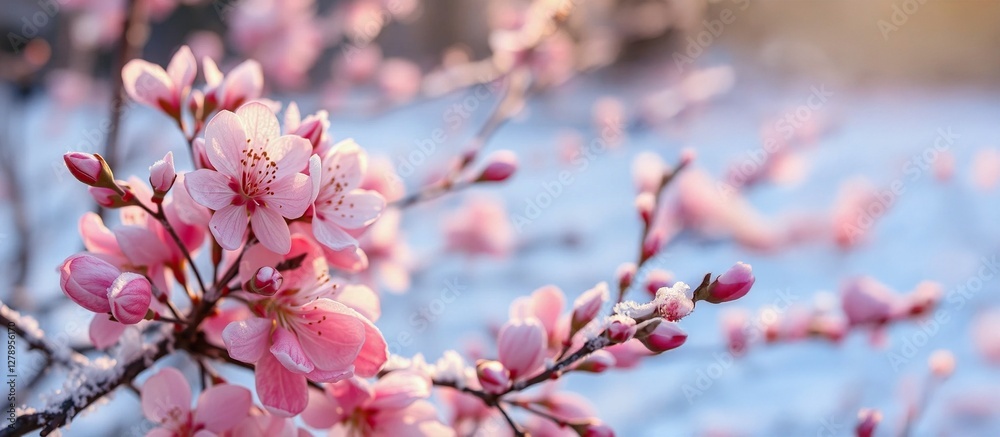 Delicate Cherry Blossoms in Winter Snow, Soft Pink Petals, Warm Glow Delicate Cherry Blossoms in Winter Snow, Soft Pink Petals, Warm Glow