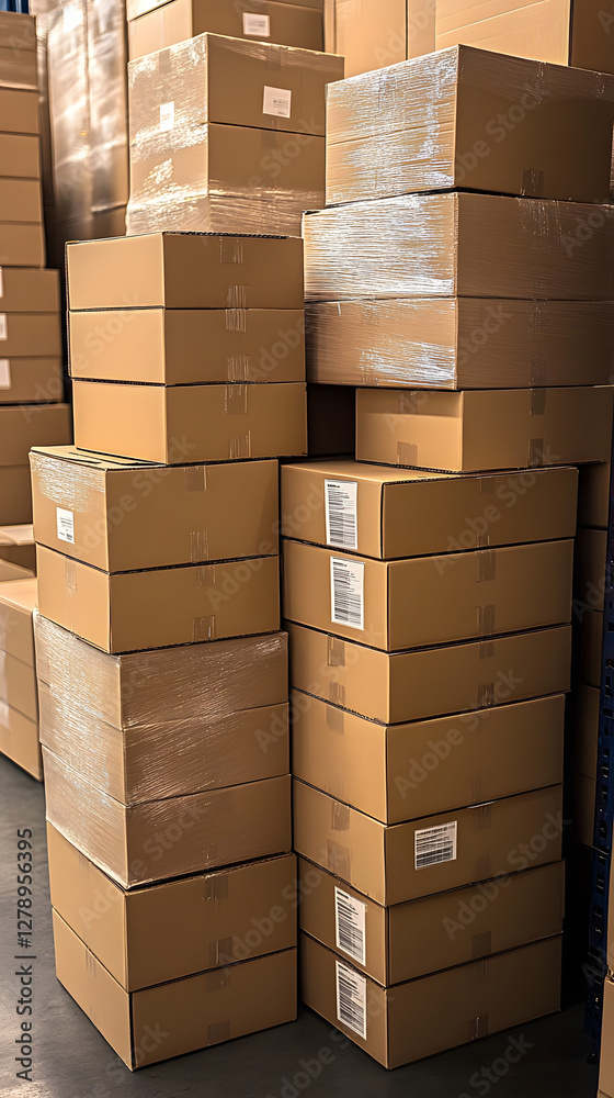 Neat stack of cardboard boxes in a warehouse. Ready for shipping and distribution. Neat stack of cardboard boxes in a warehouse. Ready for shipping and distribution.