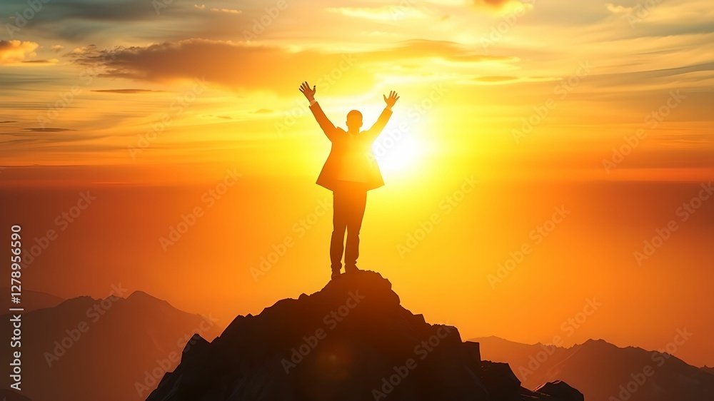 Silhouette of Businessman Celebrating Success on Mountain Silhouette of Businessman Celebrating Success on Mountain