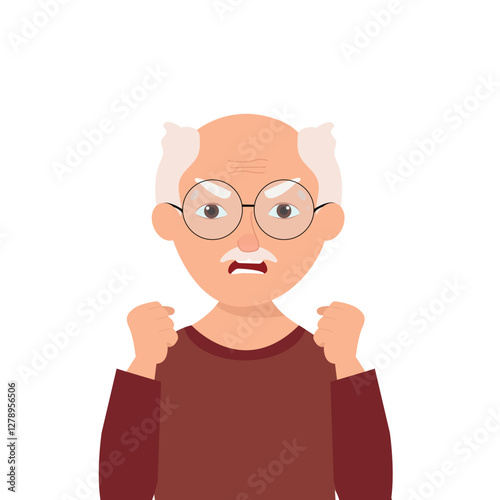 Angry frustrated senior man screaming. Irritation, mad expression, frustration and negative emotion vector graphic illustration.