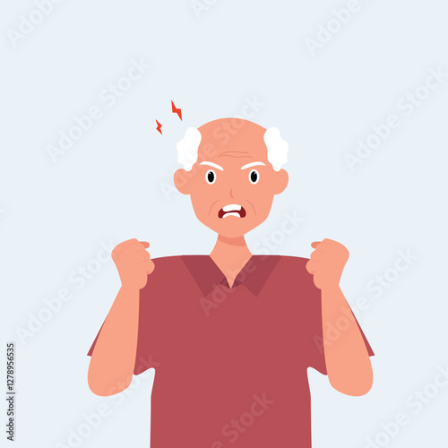 Angry frustrated senior man screaming. Irritation, mad expression, frustration and negative emotion vector graphic illustration.