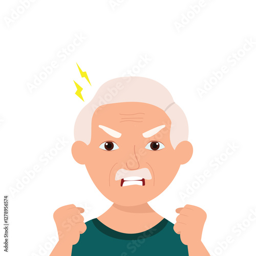 Angry frustrated senior man screaming. Irritation, mad expression, frustration and negative emotion vector graphic illustration.