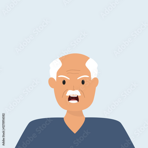 Angry frustrated senior man screaming. Irritation, mad expression, frustration and negative emotion vector graphic illustration.