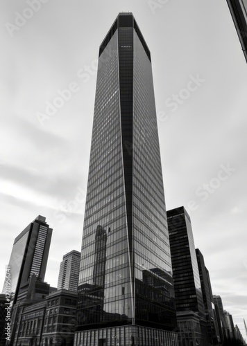 A black and white photo of a tall building in the middle of a city skyscraper city building skyscraper downtown business architecture cityscape