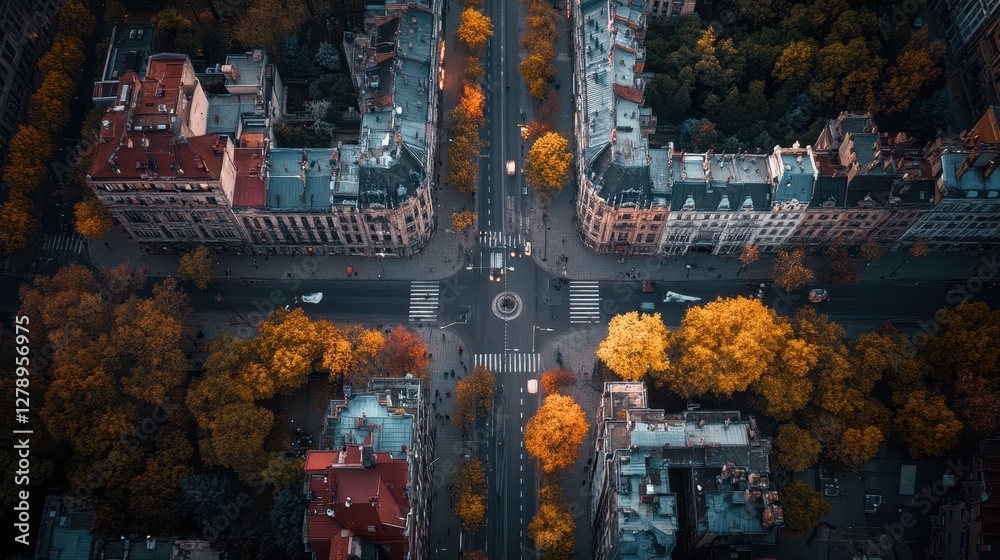 Fototapeta premium Aerial view showcasing a city street featuring a crosswalk, surrounded by several buildings, highlighting urban architecture and pedestrian pathways.