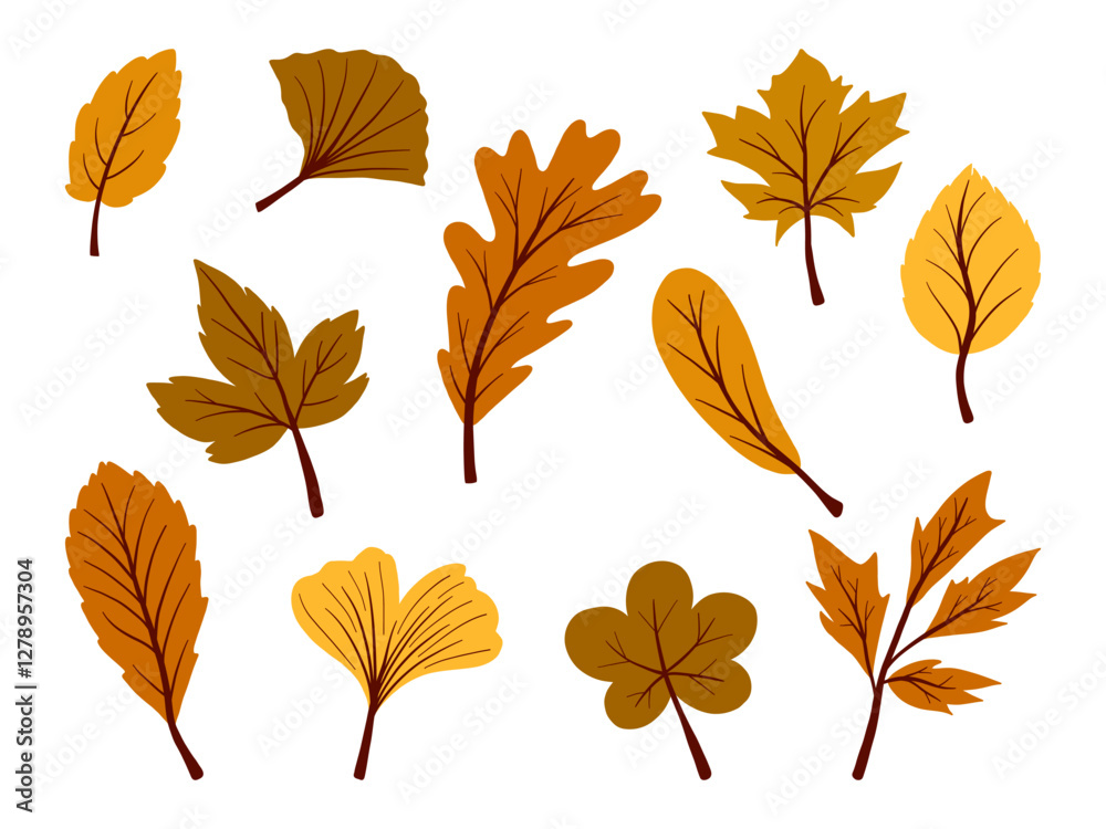 Obraz premium Autumn Aesthetic Warm Toned Leaves. A collection of warm-toned autumn leaves in various shapes and styles, featuring rich earthy colors. Perfect for nature-inspired projects, and fall-themed