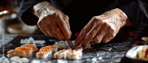 A chef's experienced hands craft sushi with painstaking care, highlighting the delicate intricacies of this Japanese culinary art.