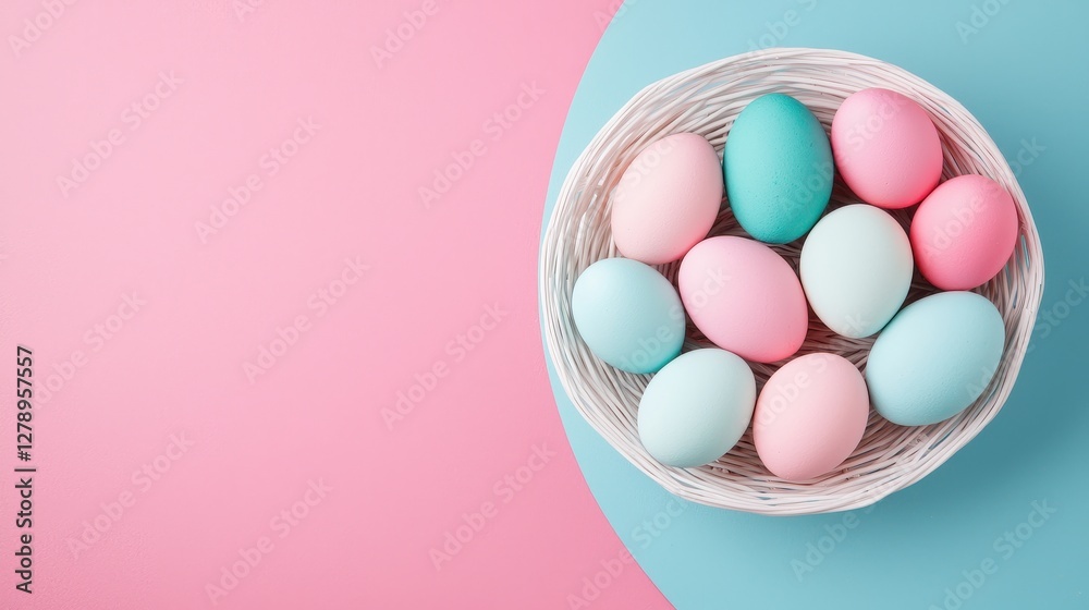Fototapeta premium Modern Minimalist Easter Basket Filled with Vibrant Colored Eggs