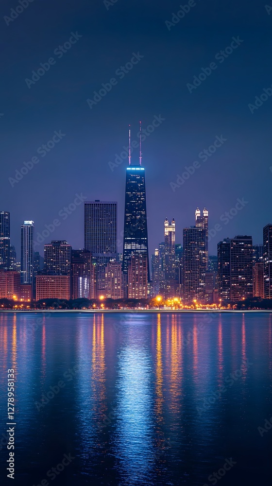 Obraz premium A panoramic view of the Chicago skyline at night 