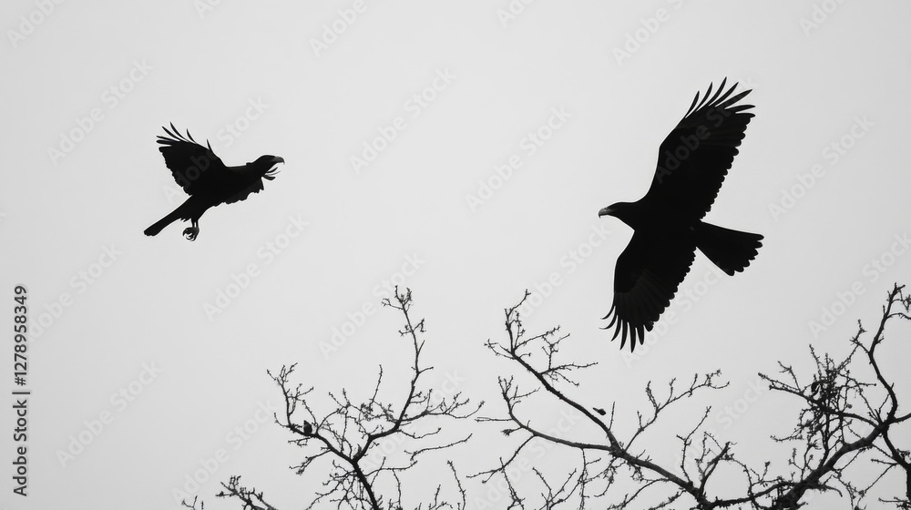 Fototapeta premium Two Black Birds in Flight Against a White Sky