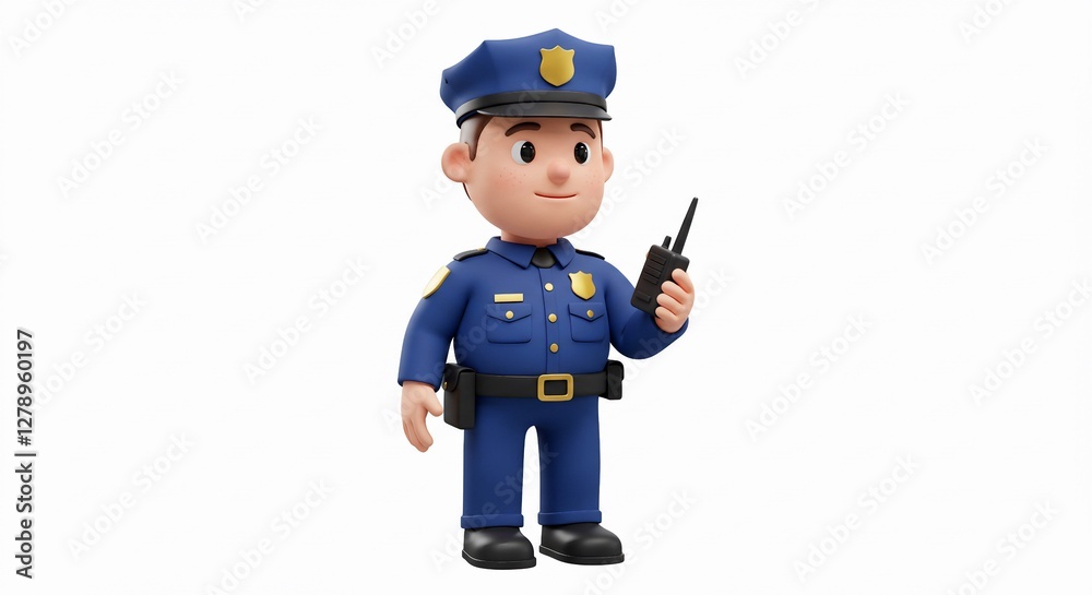 Fototapeta premium A 3D cartoon police officer in a blue uniform, holding a walkie-talkie. The character has a friendly and professional expression, wearing a police hat with a golden badge, symbolizing law enforcement 