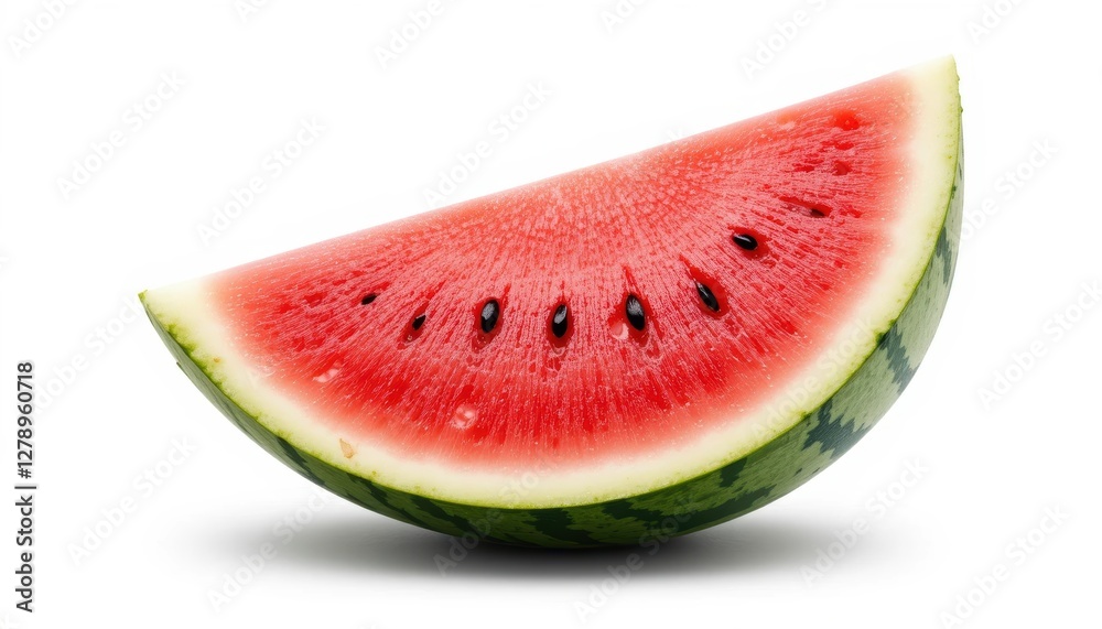 Freshly Sliced Watermelon Piece with Juicy Red Flesh and Green Rind Isolated on White Background for Summer Themes Freshly Sliced Watermelon Piece with Juicy Red Flesh and Green Rind Isolated on White Background for Summer Themes