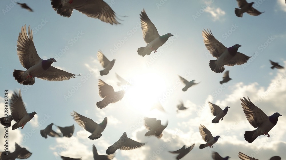 Obraz premium Numerous Pigeons in Flight Against a Sunny Sky