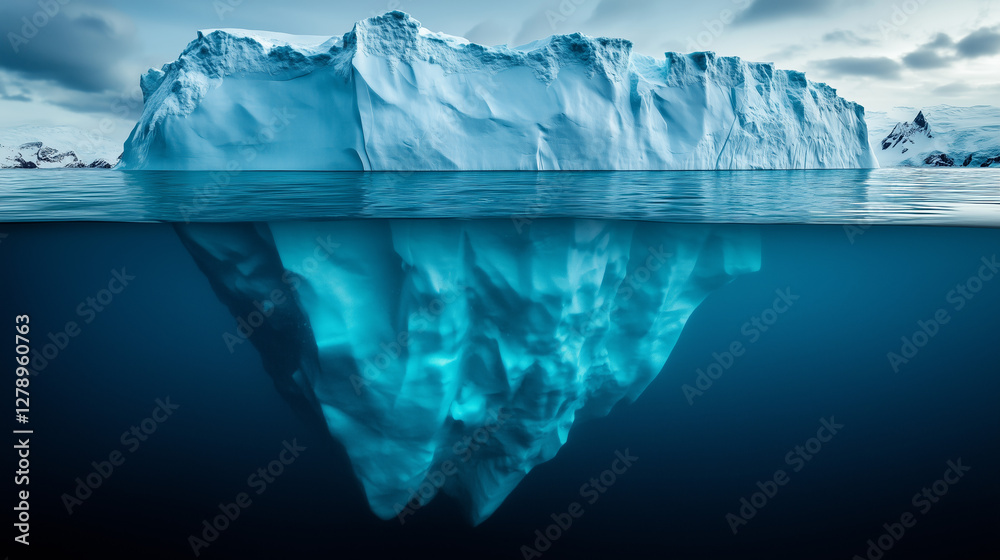 Obraz premium Iceberg's Secrets: A colossal iceberg floats serenely on the water, revealing a hidden underwater world beneath the surface, offering a stunning glimpse into nature's wonders.