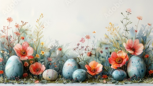 A beautiful painting of colorful easter eggs and flowers
