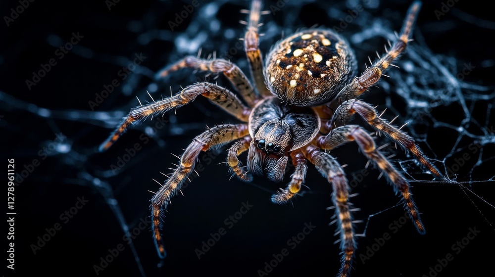 Close Up Of A Spider On Its Web At Night Close Up Of A Spider On Its Web At Night