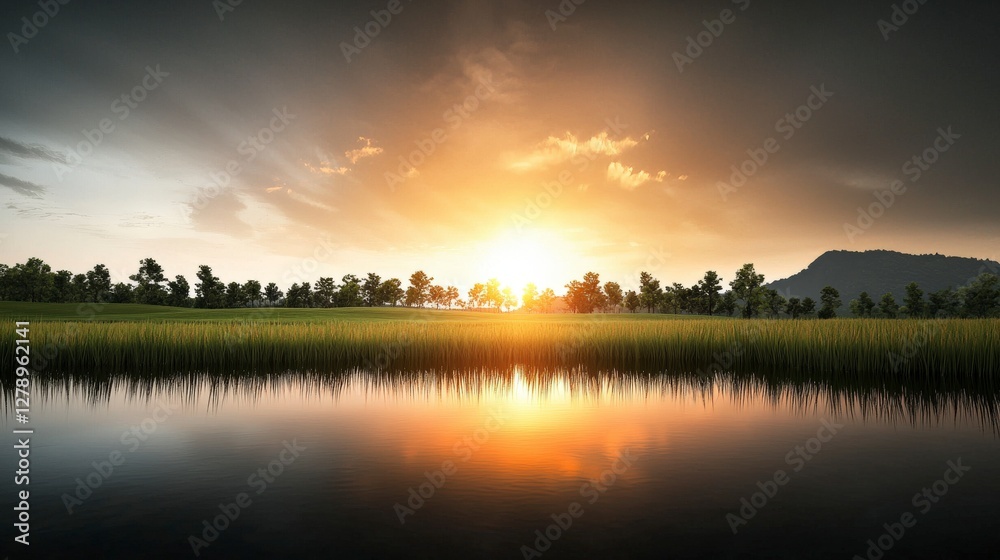 Obraz premium Beautiful Sunrise Over Calm Water With Lush Green Landscape and Silhouetted Trees Under Cloudy Sky