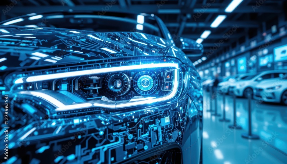 Naklejka premium Futuristic Car Headlight Design with Digital Circuit Patterns Illuminated in Modern Automotive Workshop Space