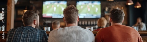 View of Friends Watching Sports in a Lively Bar Setting with Screens Showing Game Action and Enthusiastic Crowd