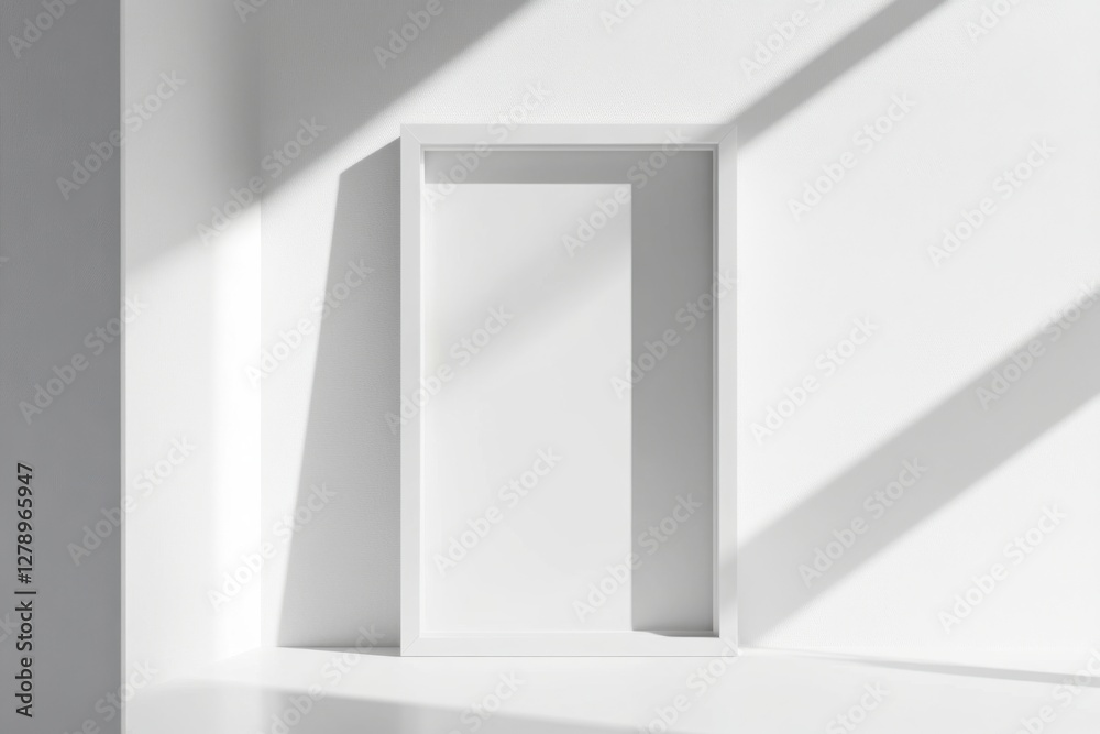 Blank vertical white frame in a serene modern setting illuminated by natural sunlight Blank vertical white frame in a serene modern setting illuminated by natural sunlight
