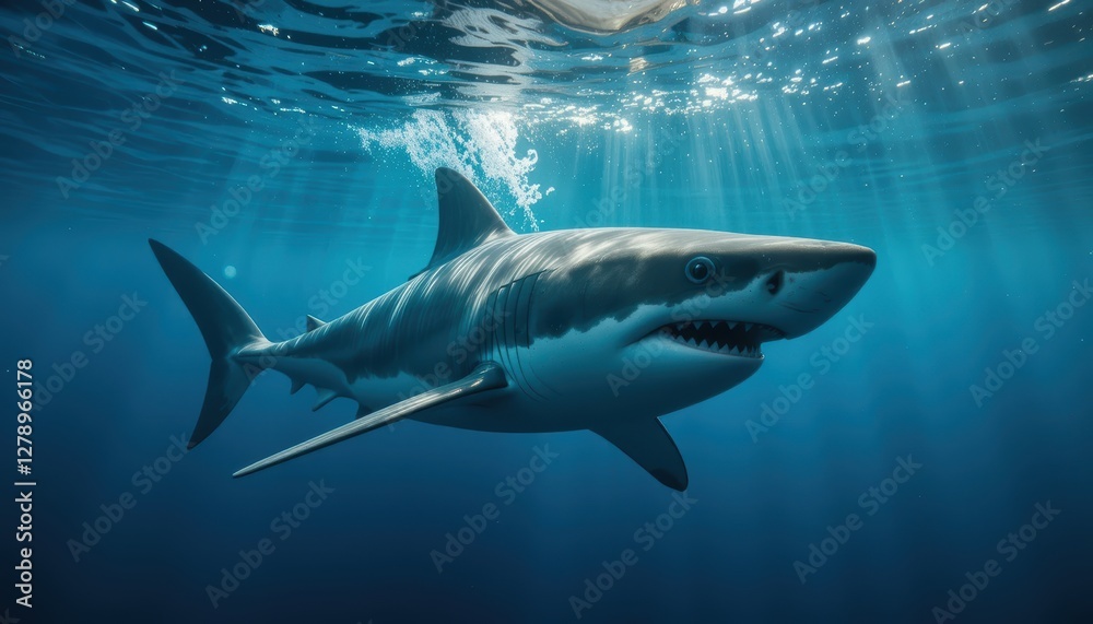 Fototapeta premium Majestic Great White Shark Swimming Gracefully Underwater with Sunlight Filtering Through Ocean Surface