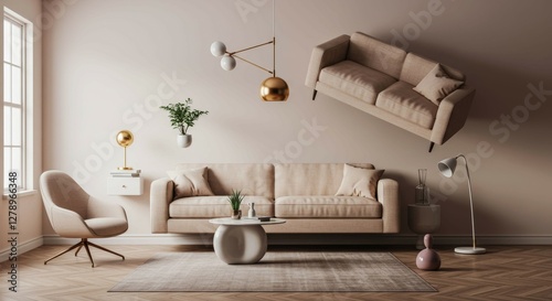 A living room with a couch and a chair. The couch is upside down and the chair is on the floor