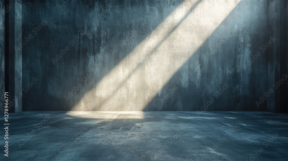 Abstract dark room wall space background. Product wall with sunlight, Empty space studio dark room with spot lighting in black background. Use as montage for product display.