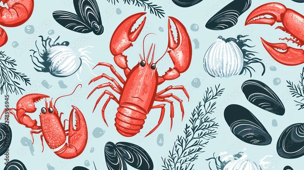 A seamless vector pattern of seafood elements, including lobster, mussels, and seaweed, on a light blue background A seamless vector pattern of seafood elements, including lobster, mussels, and seaweed, on a light blue background