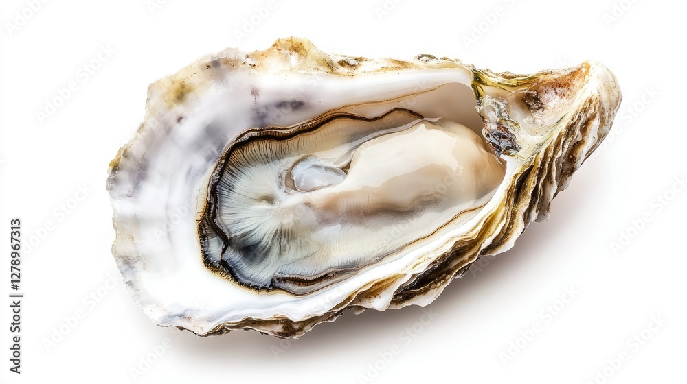 A freshly shucked oyster with intricate shell details and tender meat, isolated sharply against a white background. A freshly shucked oyster with intricate shell details and tender meat, isolated sharply against a white background.