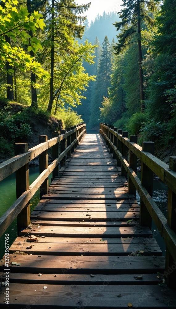 Obraz premium Old wooden bridge spanning a river, Water, Wooden bridge