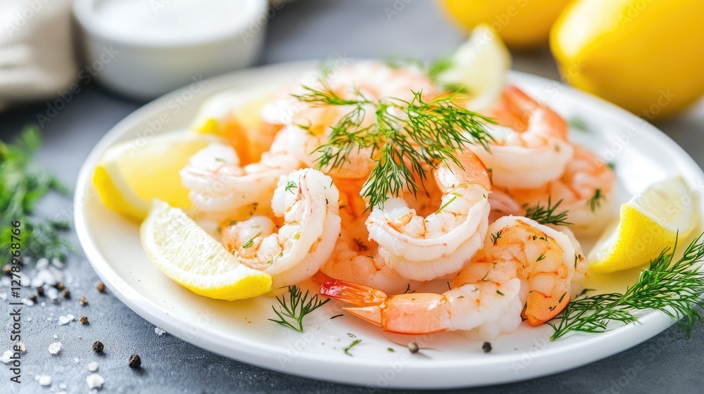 A fresh seafood appetizer with shrimp on a white plate, surrounded by lemon wedges and fresh dill. A fresh seafood appetizer with shrimp on a white plate, surrounded by lemon wedges and fresh dill.