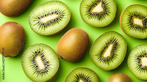 A pattern of kiwi slices arranged in an artistic way on a vibrant green background
